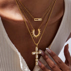 Sun Burst with Cross Layering Gold Necklace