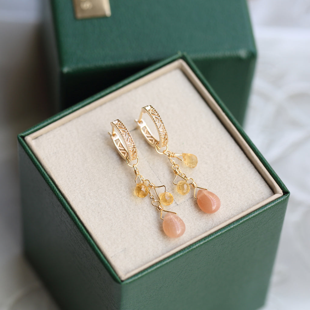 Hollow Citrine Sunstone Droplet Earrings