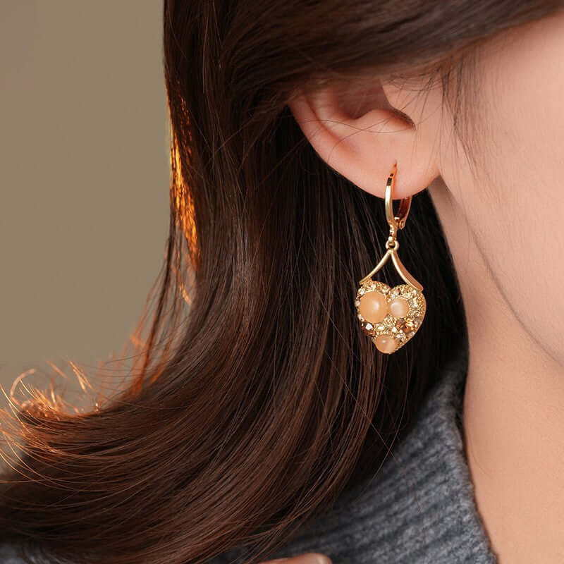 Cat Eye Stone Golden Heart Earrings Hoop