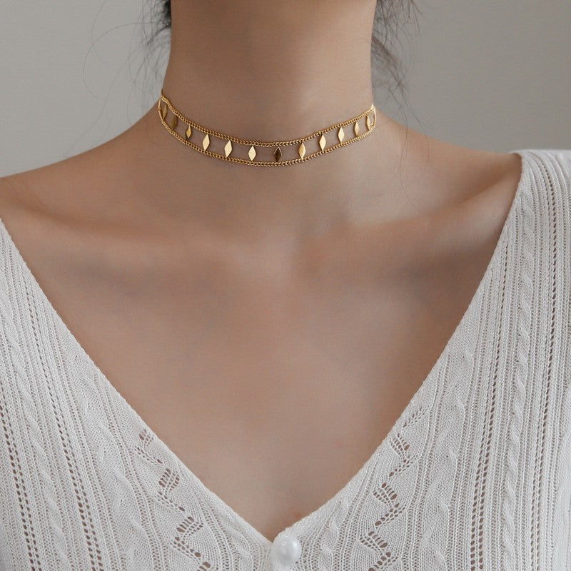 18K Gold Sequin Clavicle Layering Choker Necklace