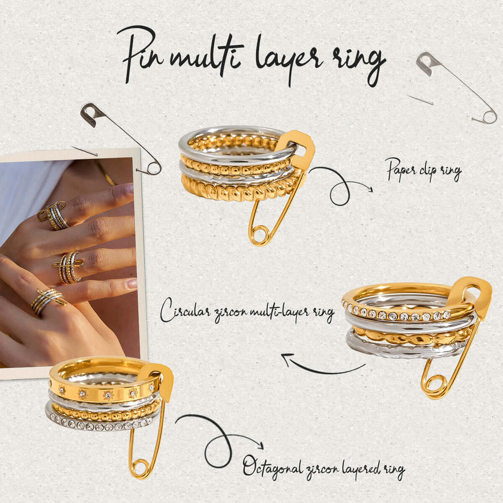 Safety Pin Multiple Layer Stacking Ring