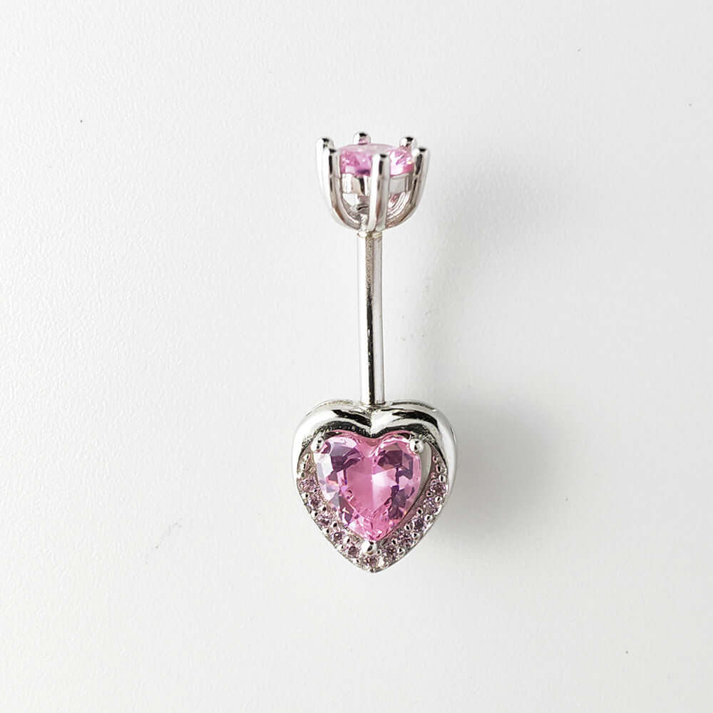 Pink CZ Heart Double Mount Belly Button Ring