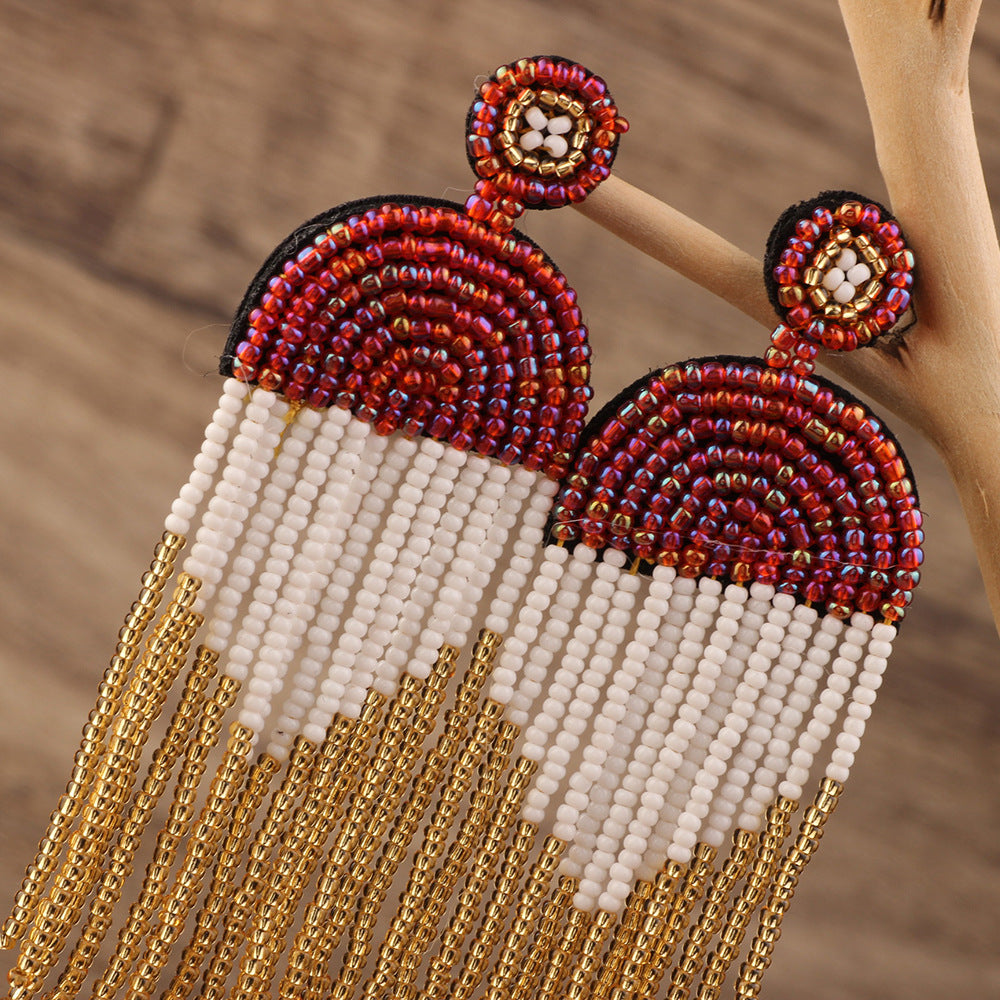 Bohemian Color Seed Beads Tassel Fringe Earrings