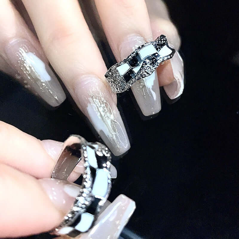 Black & White Checkerboard Layered Ring Silver