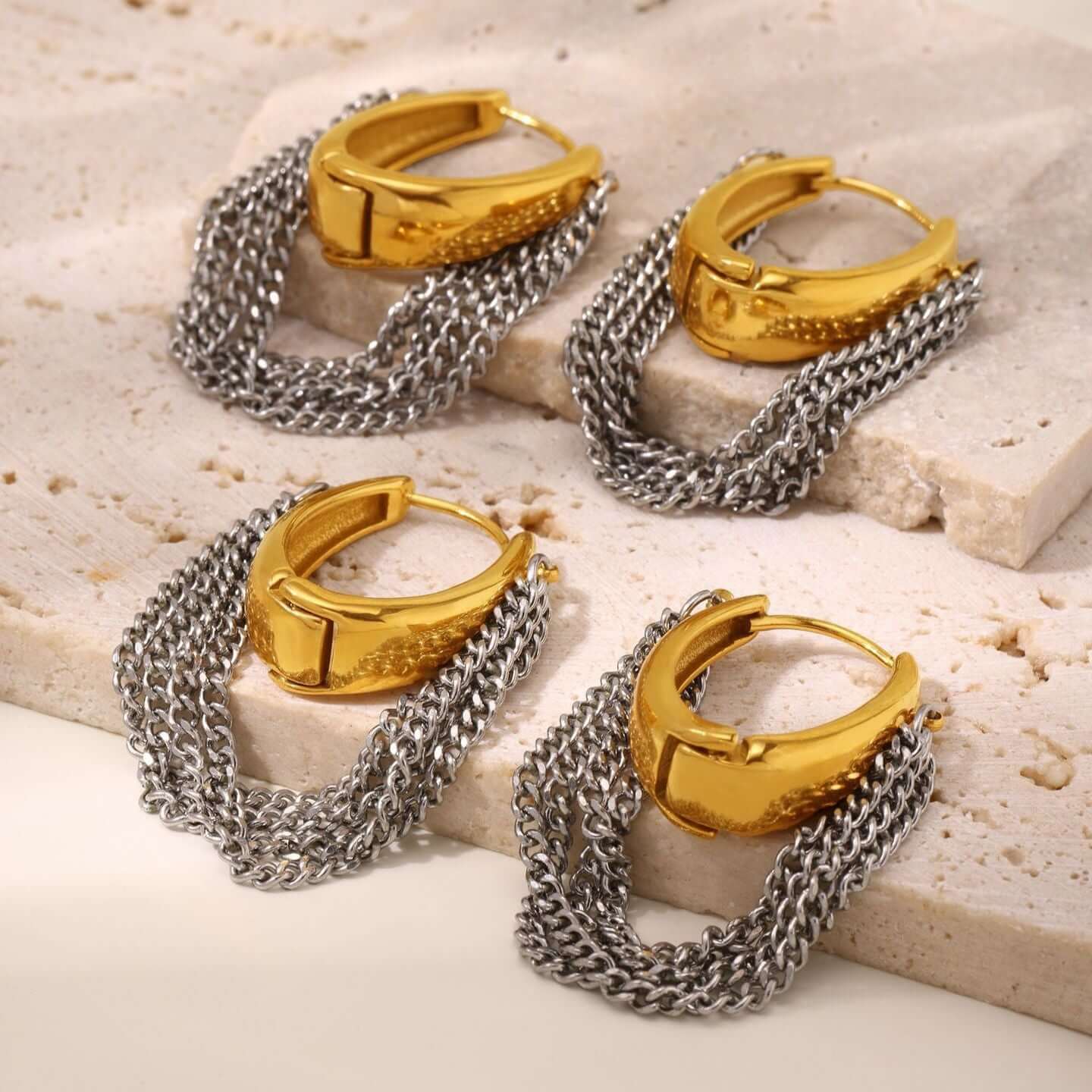 Gold Silver Duo Tone Tassel Chain Earrings