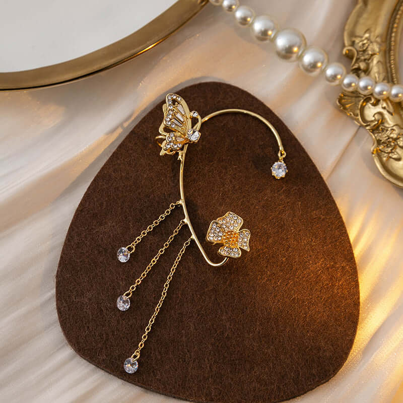 Non-Pierced Butterfly Tassel Elf Ear Clip Rose Wrap Climber Earrings