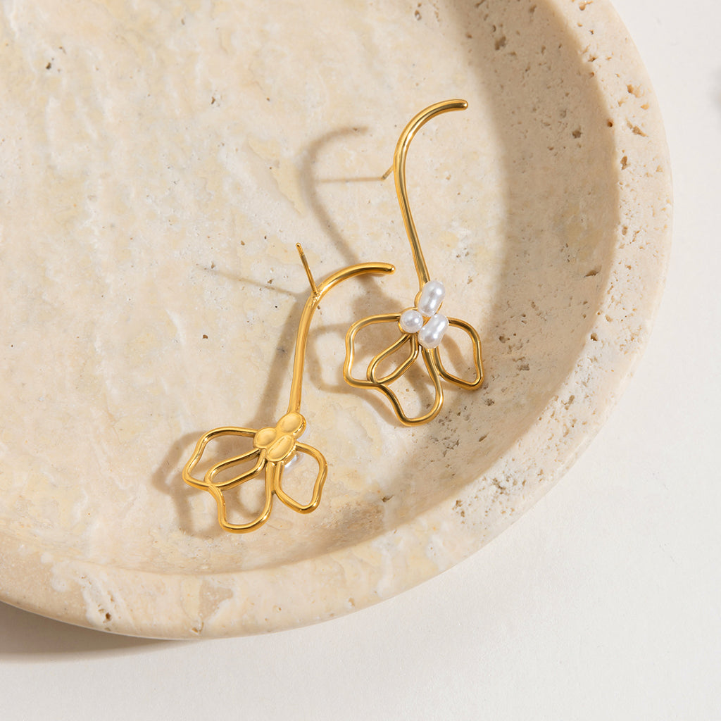 Pearl Lily Flower Linear Long Earrings