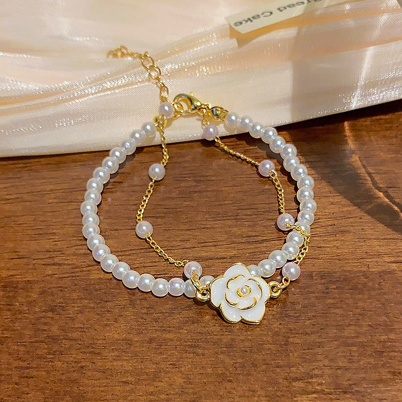 Dainty Camellia Flower Charm Pearl Bracelet 