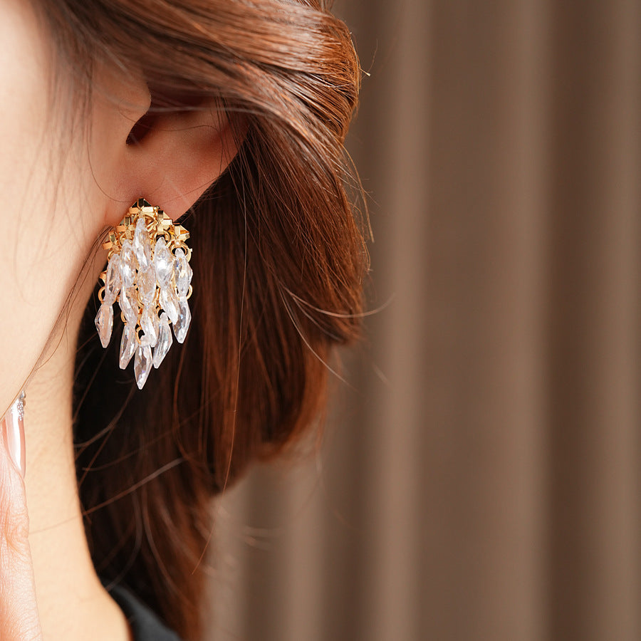 Classic Crystal Leaf Tassel Earrings