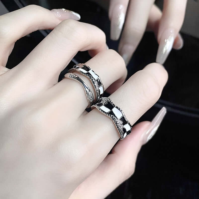 Black & White Checkerboard Layered Ring Silver