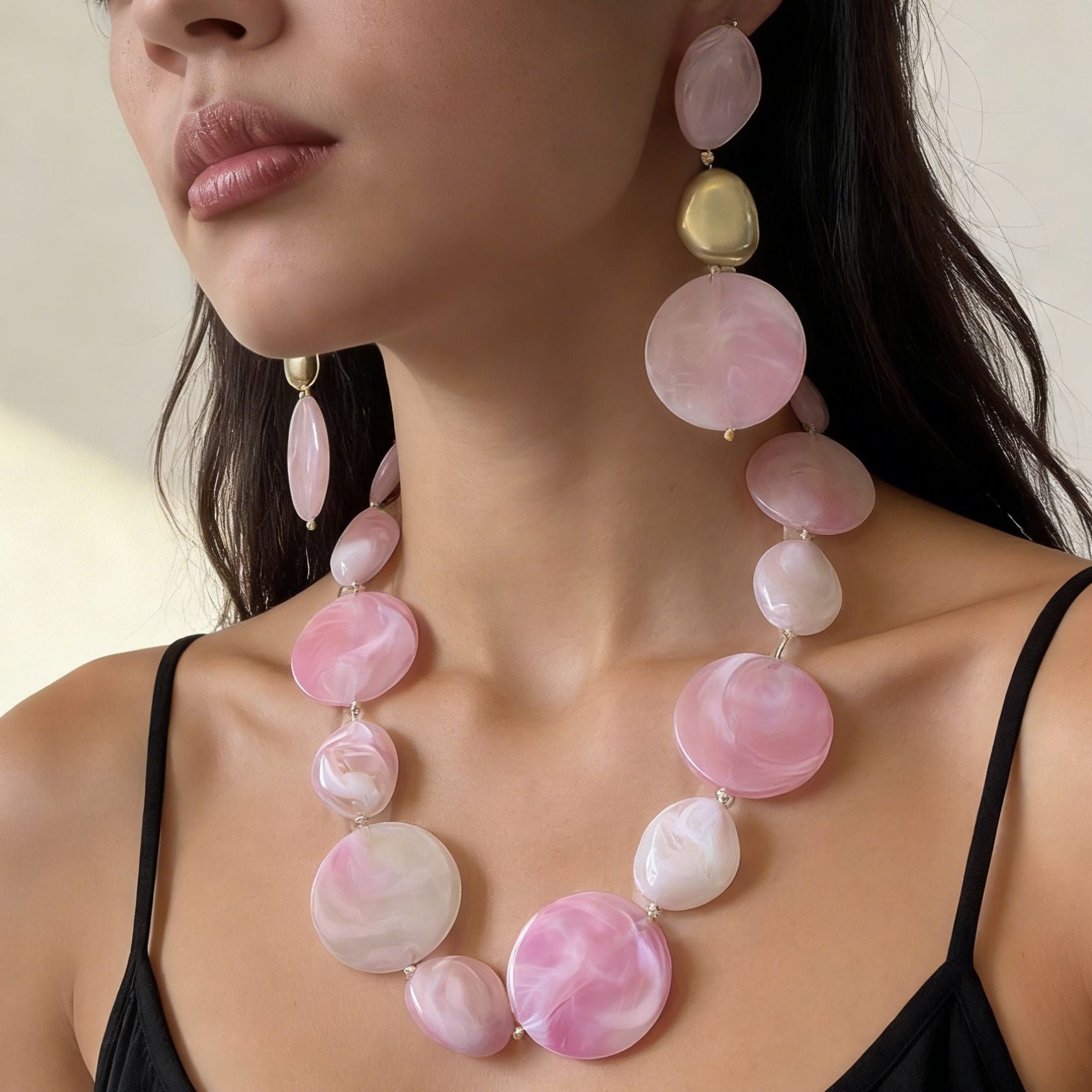 Pink Irregular Disc Beaded Necklace