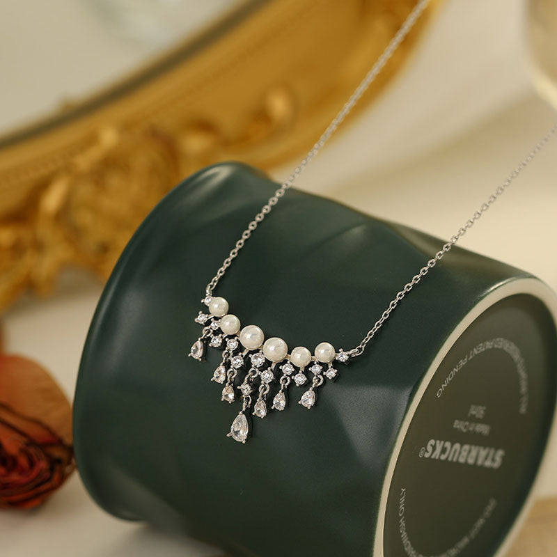 Pearl Waterfall Necklace with Teardrop CZ