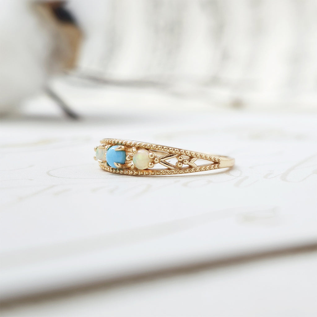 Ethnic Opal Turquoise Filigree Band Ring