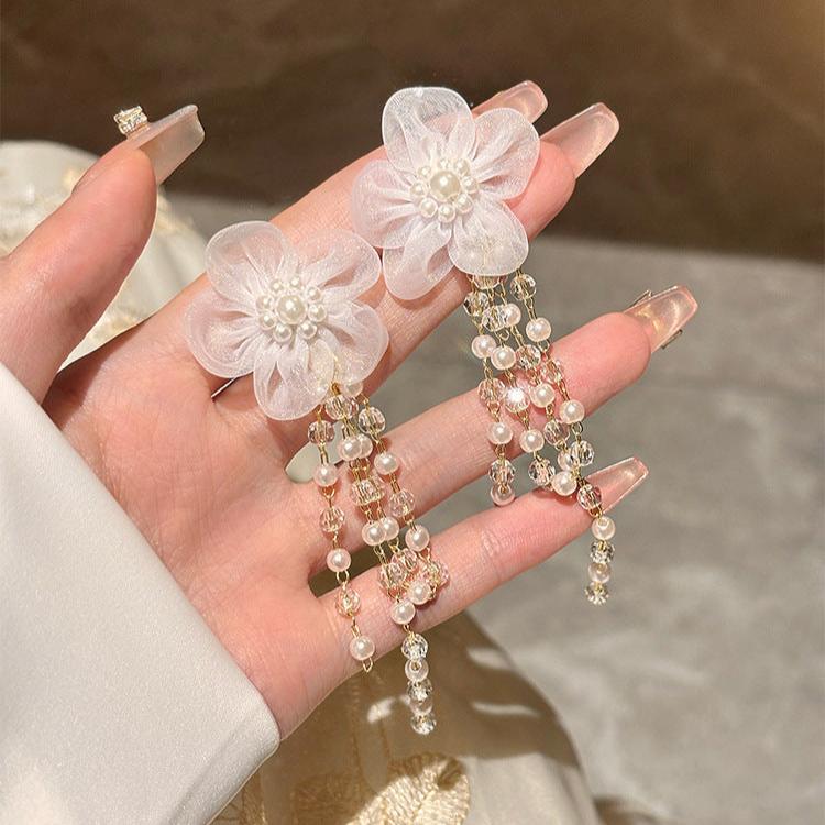 Lace Flower Ivory Pearl Drop Wedding Earrings