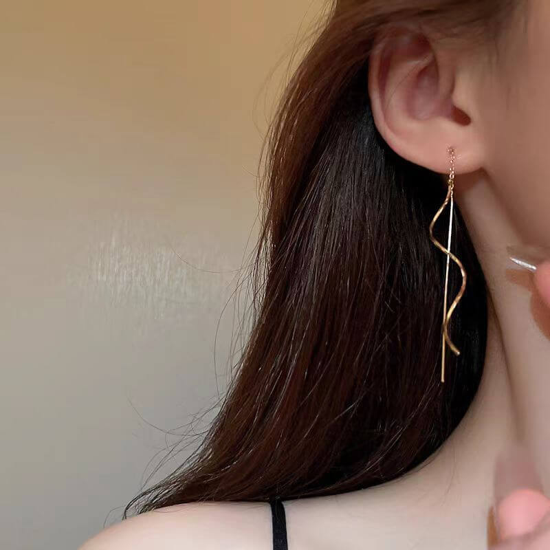 Gold Spiral Long Chain Threader Earrings