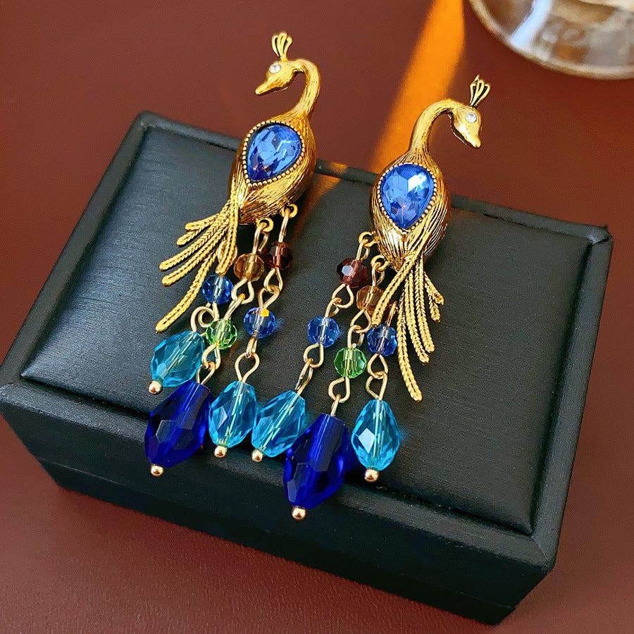 Vintage Blue Peacock Tassel Statement Earring
