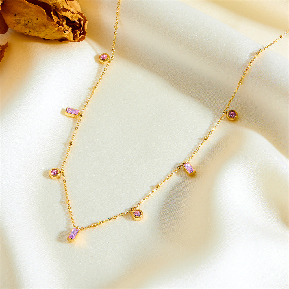 18K Gold Plated Baguette Charm Necklace Pink Bracelet Set 