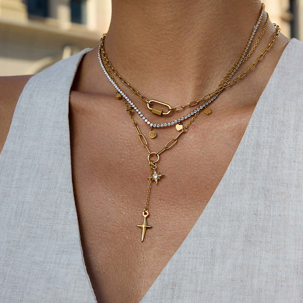 Four Pointed Shiny Star Tennis Chain Layer Necklace