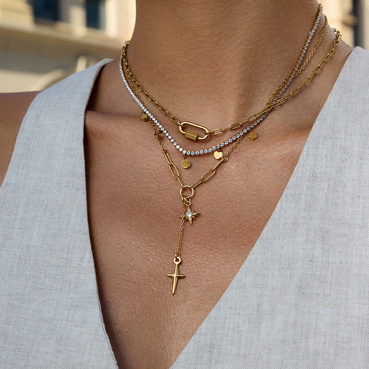 Four Pointed Shiny Star Tennis Chain Layer Necklace