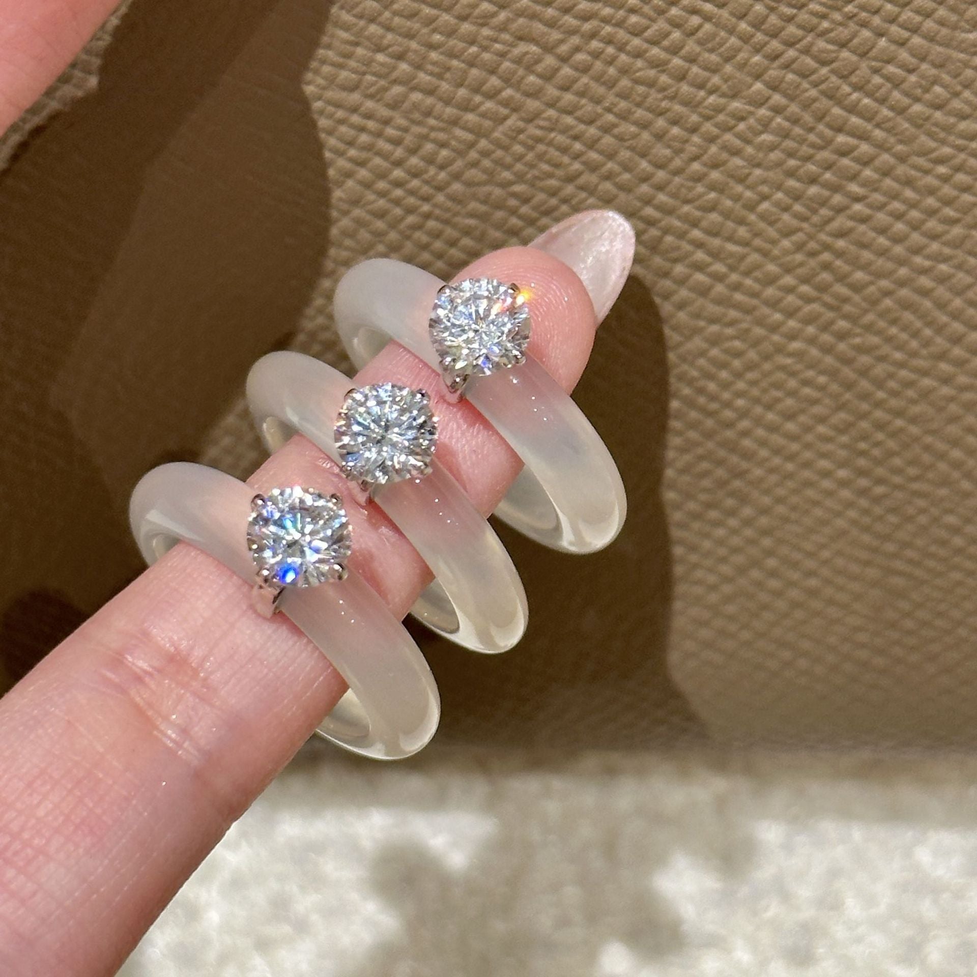 Translucent White Chalcedony Crystal Ring with Zircon