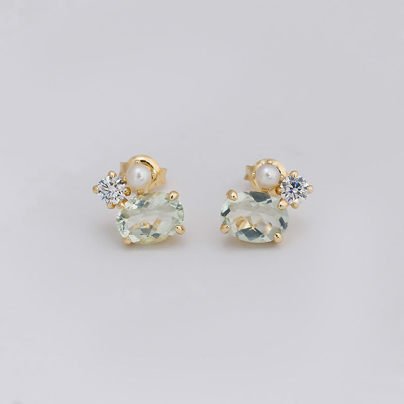 Dainty Green Amethyst Stud Earrings with Pearl