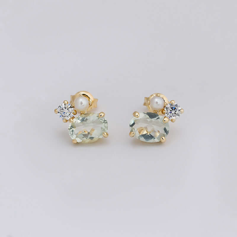Dainty Green Amethyst Stud Earrings with Pearl