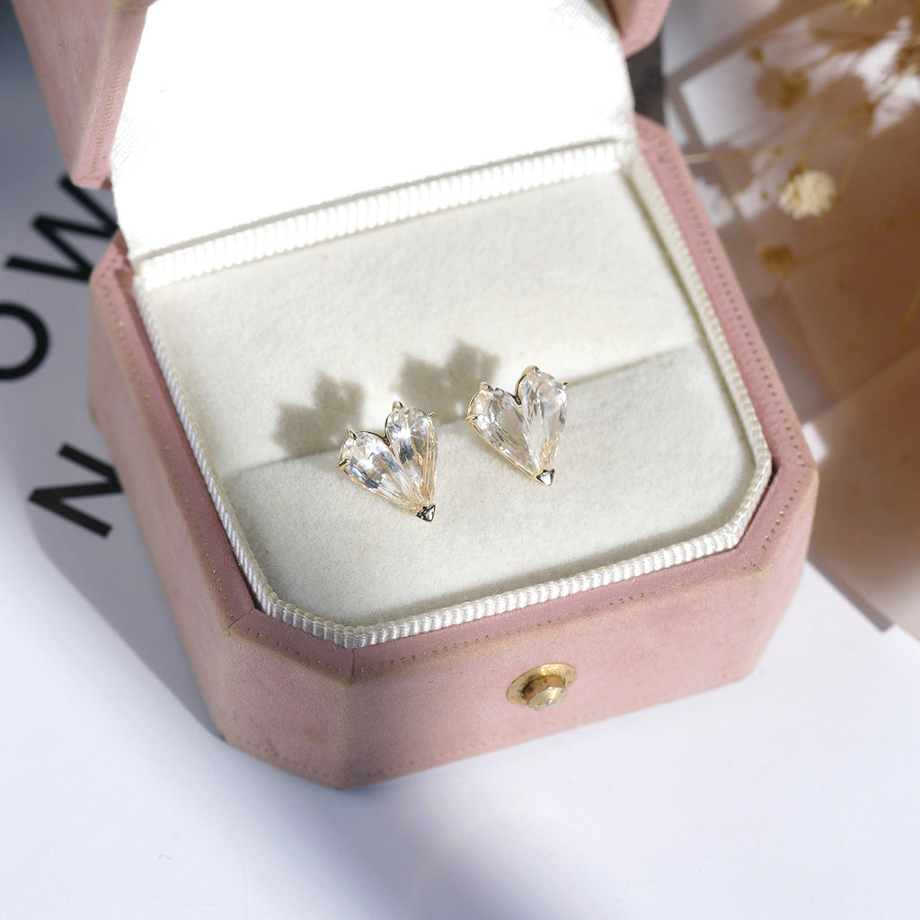 Asymmetric Clear Quartz Invisible Heart Earring Stud