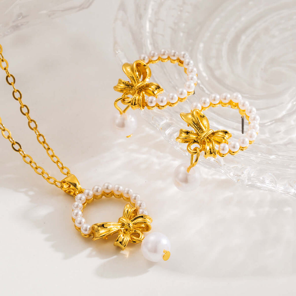 Gold Bow Pearl Drop Earrings