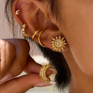 Sun Moon Stud with Plain Ear Cuff