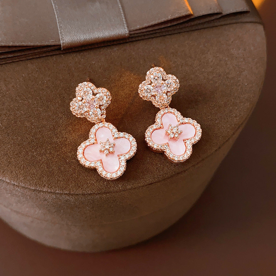 Dainty Pink Clover Drop Earrings