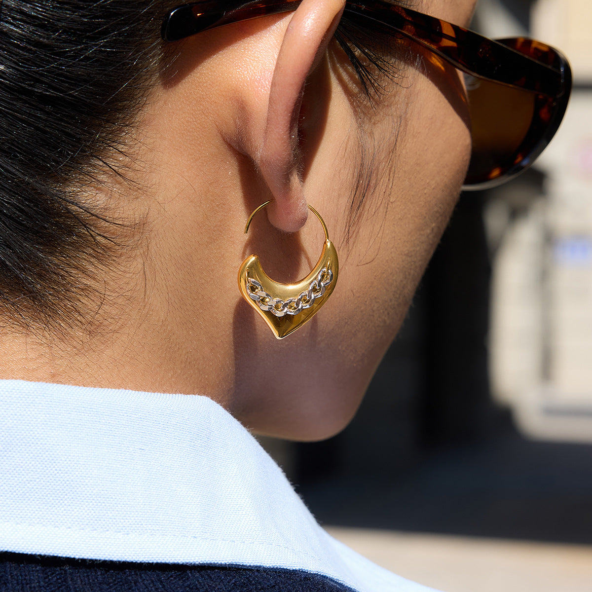 Gold Silver Chain Heart Lever Back Earrings