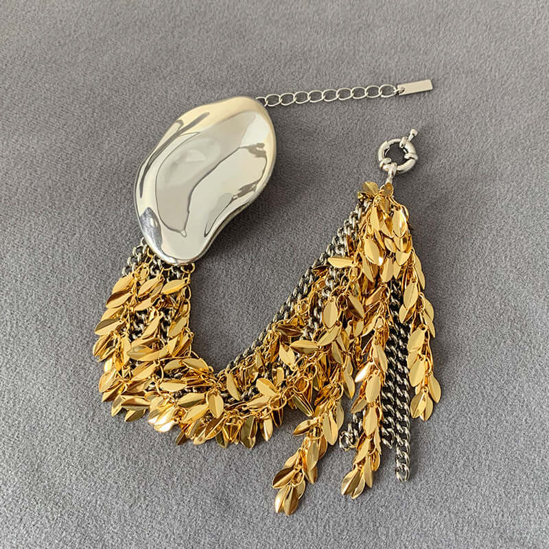 Exaggerate Metallic Two Tone Leaf Statement Bracelet