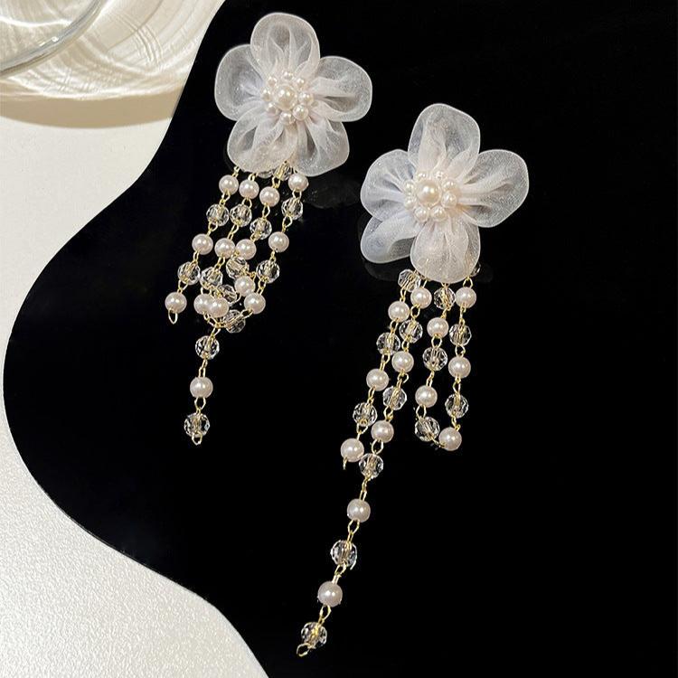 Lace Flower Ivory Pearl Drop Wedding Earrings