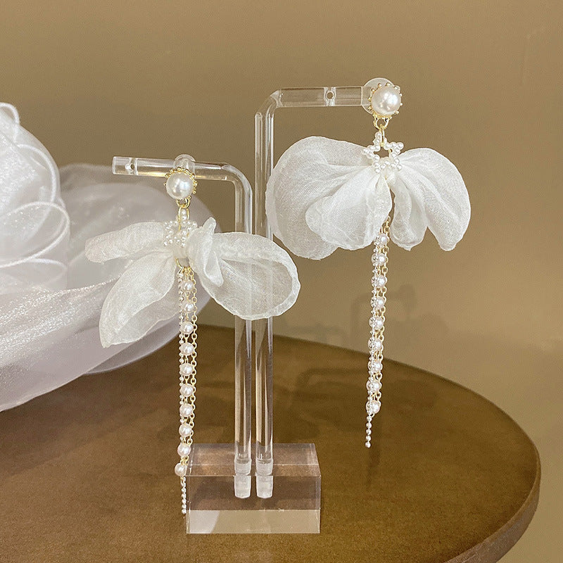 Elegant Chiffon Pearl Bow Long Chain Earrings 