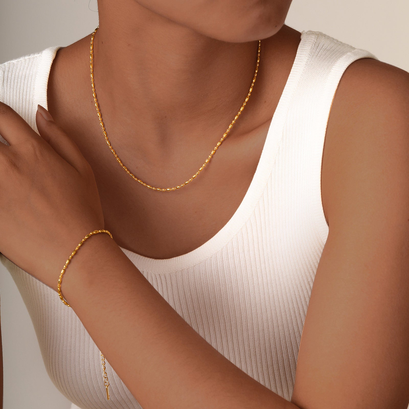 18K Gold Plated Minimal Rice Beads Necklace and Bracelet Set