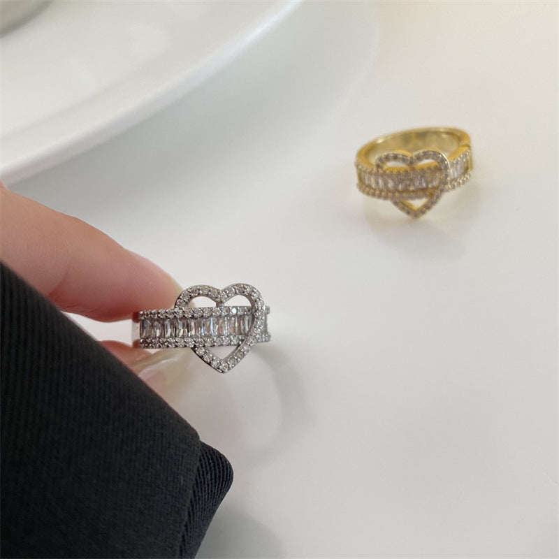 Wide Band Zircon Silver Heart Ring