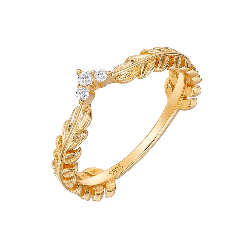 Dainty Gold Zircon Feather Leaf Ring