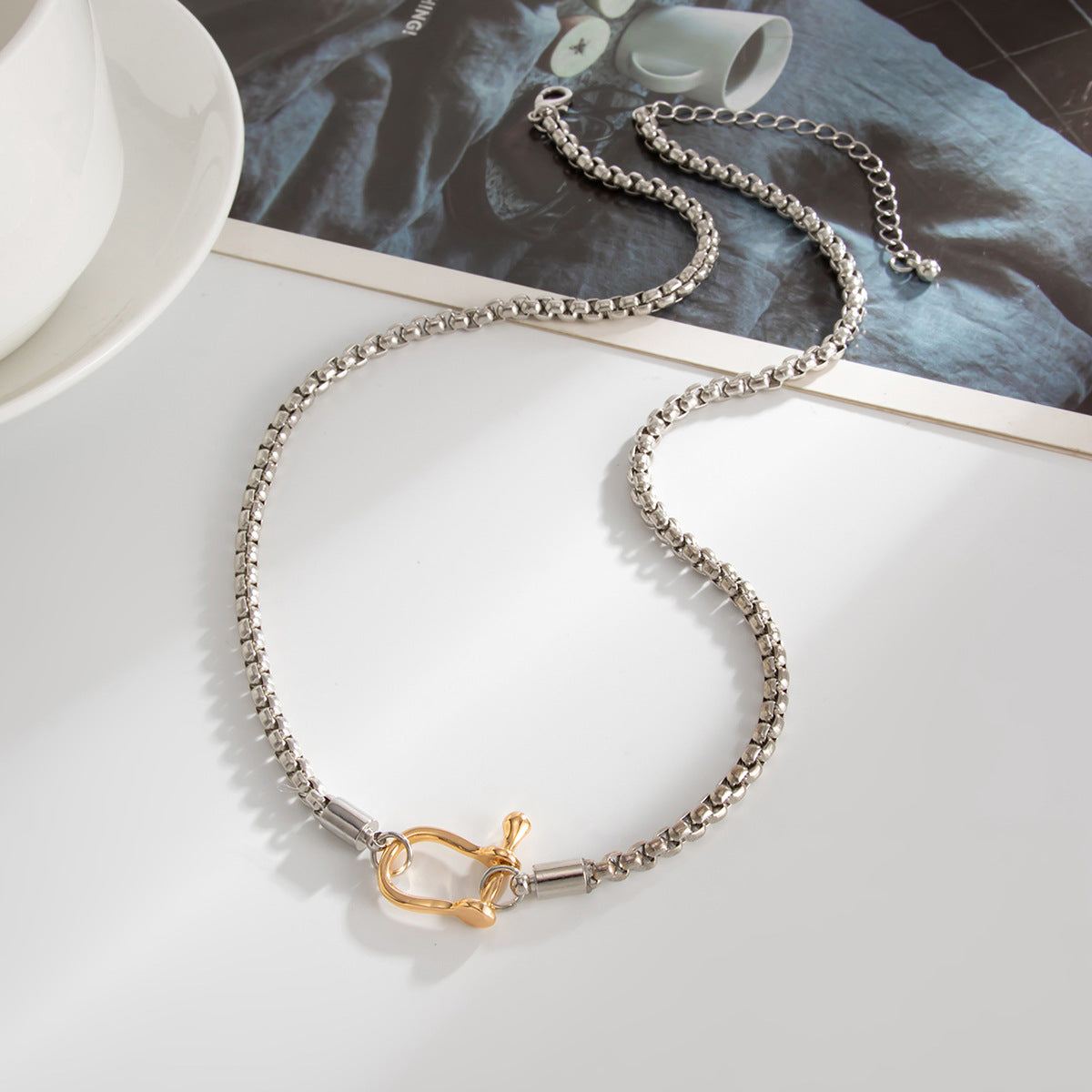 Two Tones Buckle Box Chain Necklace