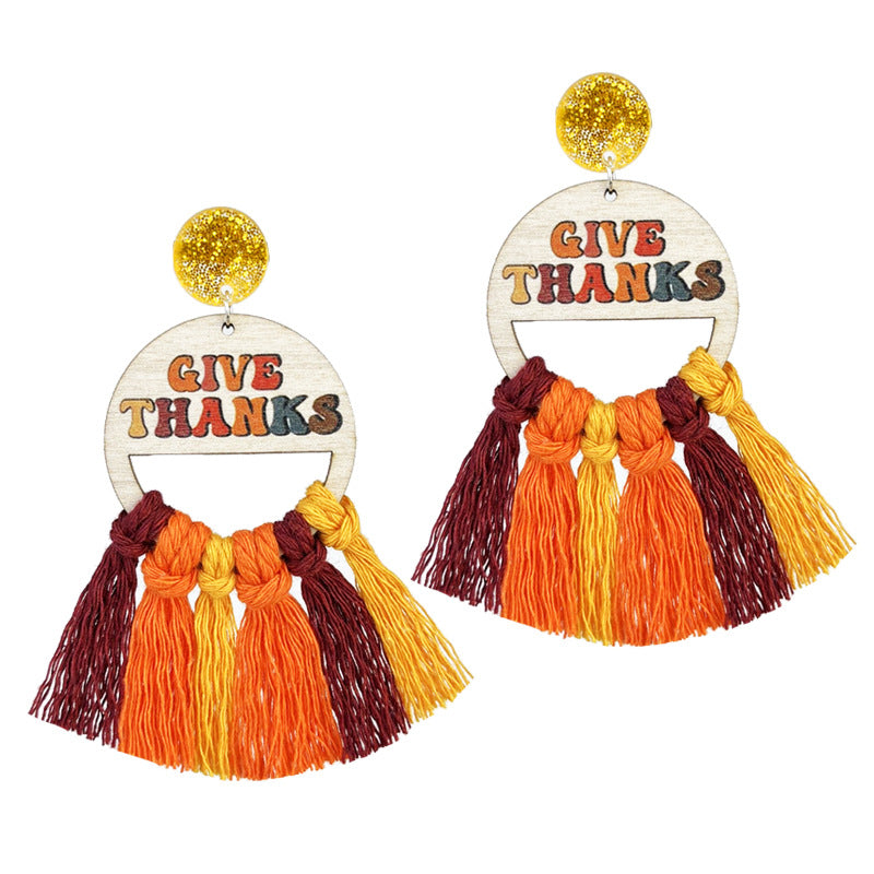 Thanksgiving Woven Turkey Pumpkin Tassel Fall Autumn Earrings