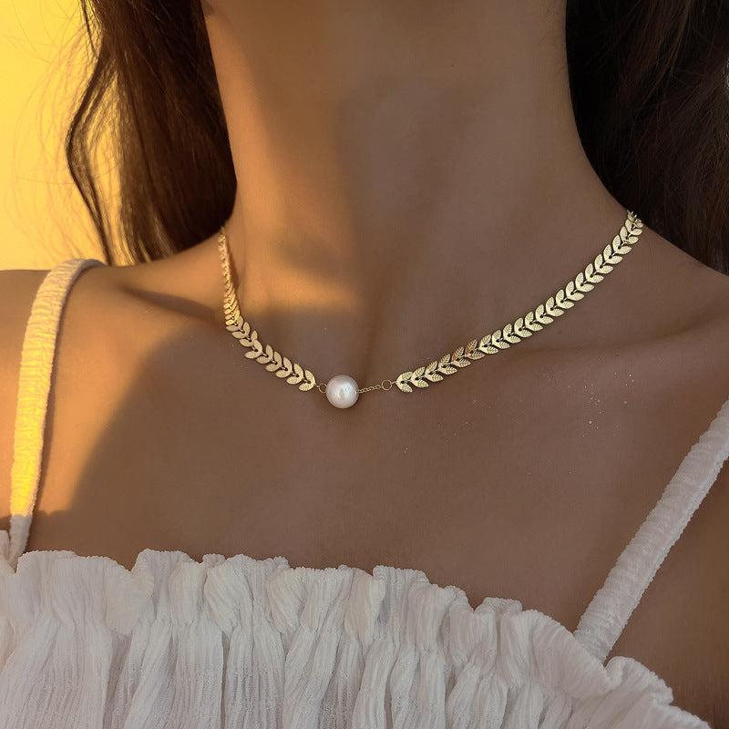 Wheat Leaf Pearl Choker Chevron Necklace