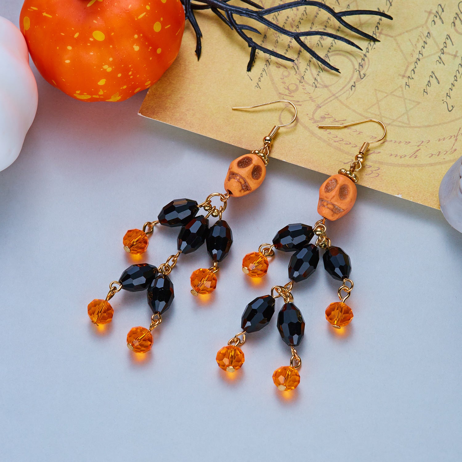 Pumpkin Spell Skull Beaded Drop Earrings