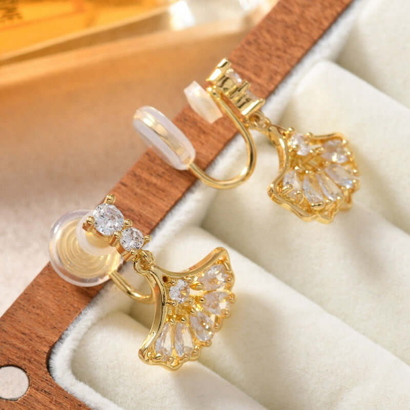 Fan Shape Ginkgo Leaf CZ Drop Earring