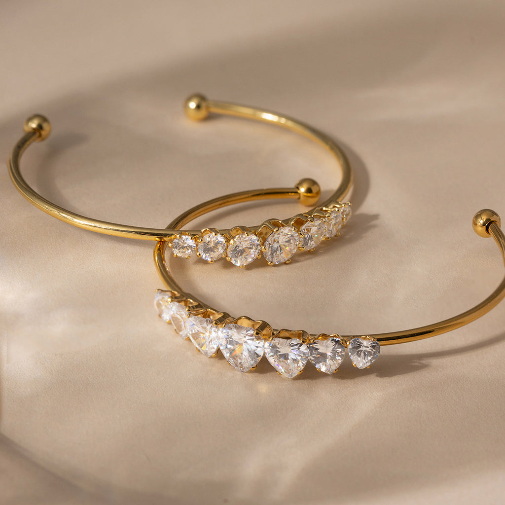 Zircon Heart Open Cuff Bangle Bracelet