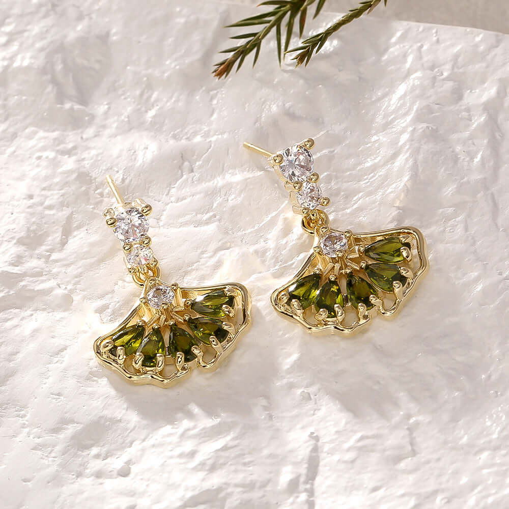Fan Shape Ginkgo Leaf CZ Drop Earring
