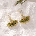 Fan Shape Ginkgo Leaf CZ Drop Earring