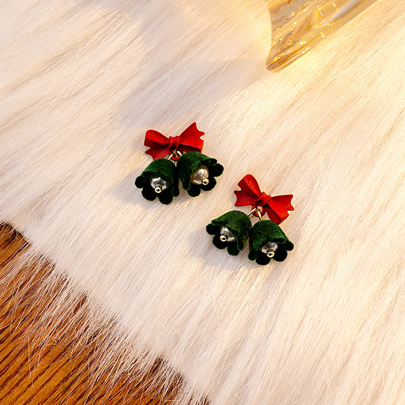 Velvet Jingle Bell Cute Bow Christmas Drop Earrings