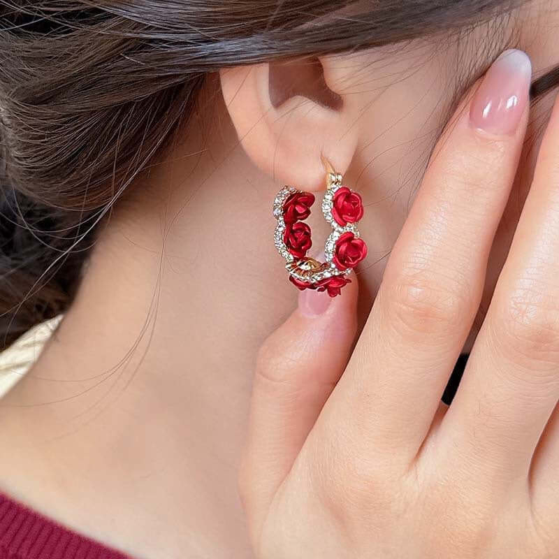 Romantic French Falling Rose Lever Back Hoop Earrings