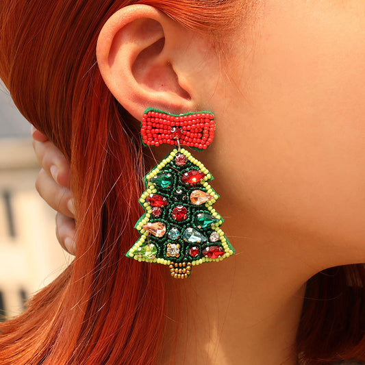 Handcraft Woven Glass Bead Xmas Tree Earrings