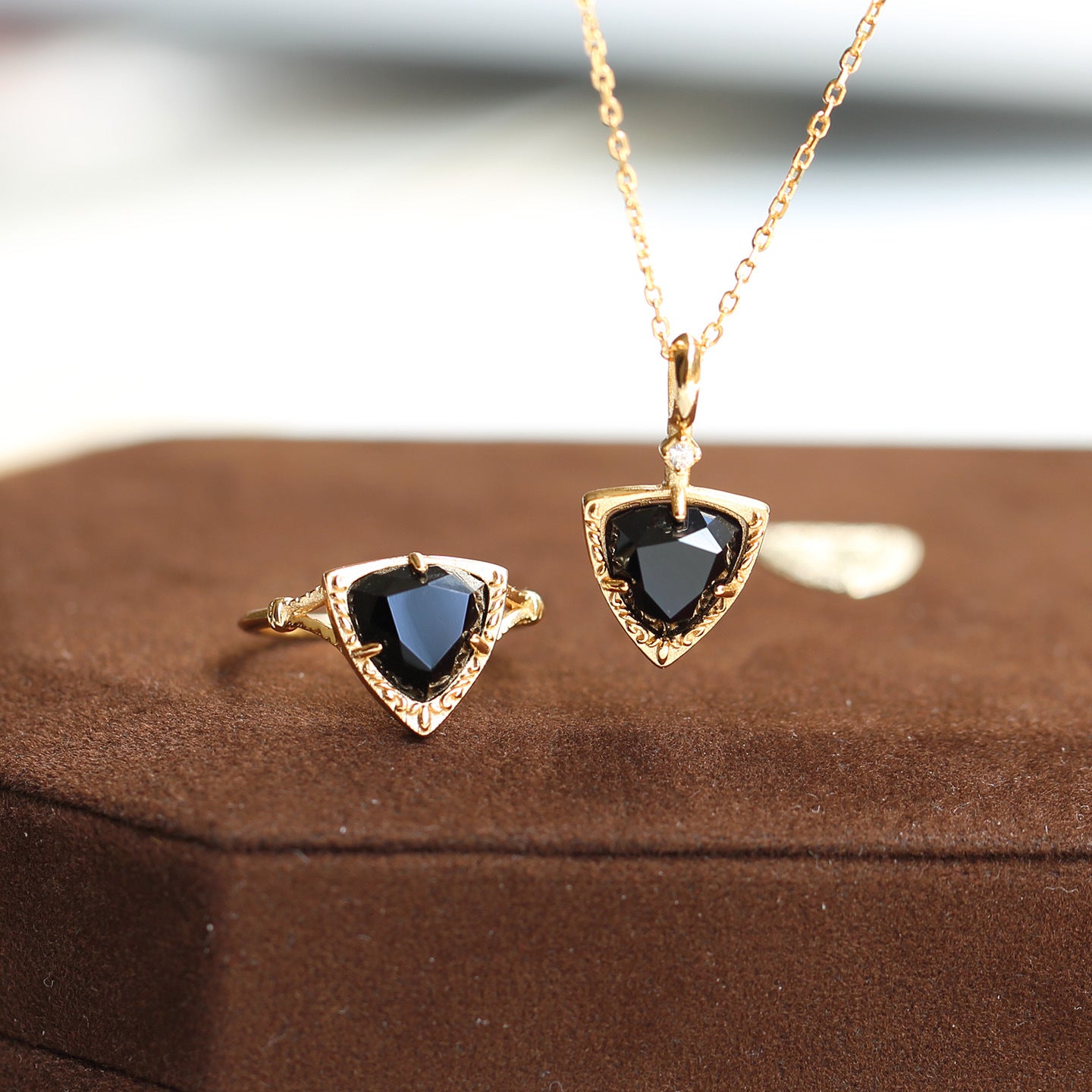 Trillion Black Onyx Flow Ring and Necklace