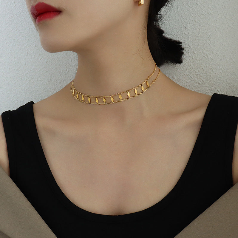 18K Gold Sequin Clavicle Layering Choker Necklace